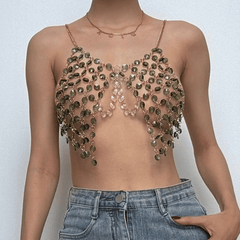 Beaded metal chain u neck backless layered cami top