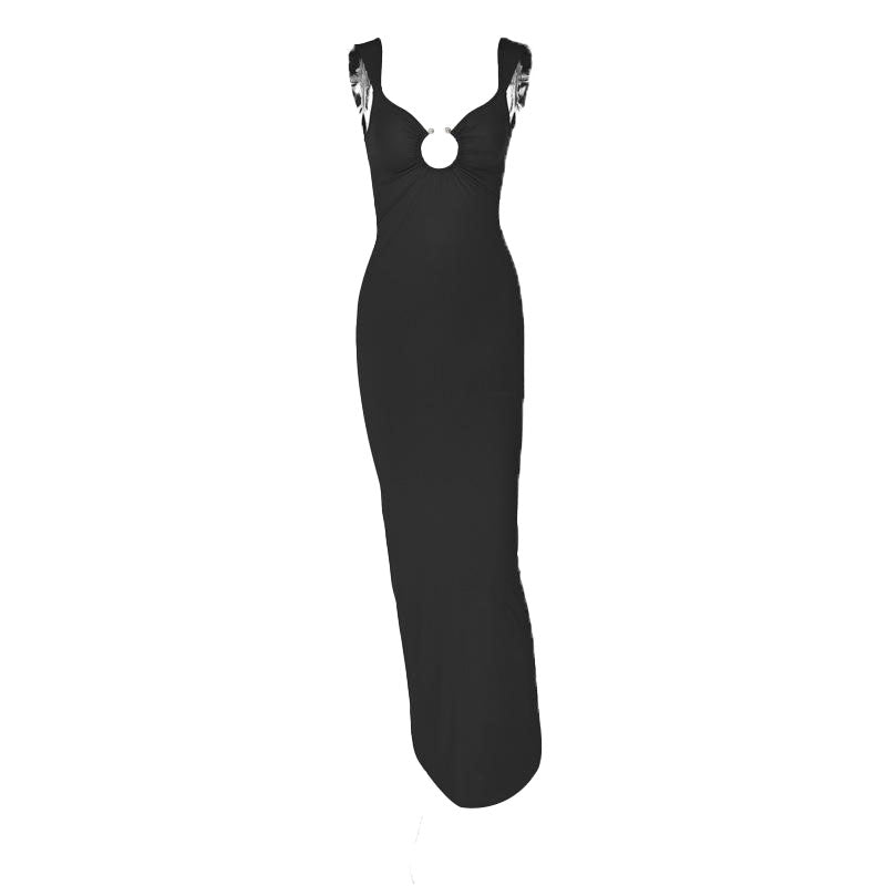 O ring ruched hollow out high slit cami maxi dress  | red tango dress