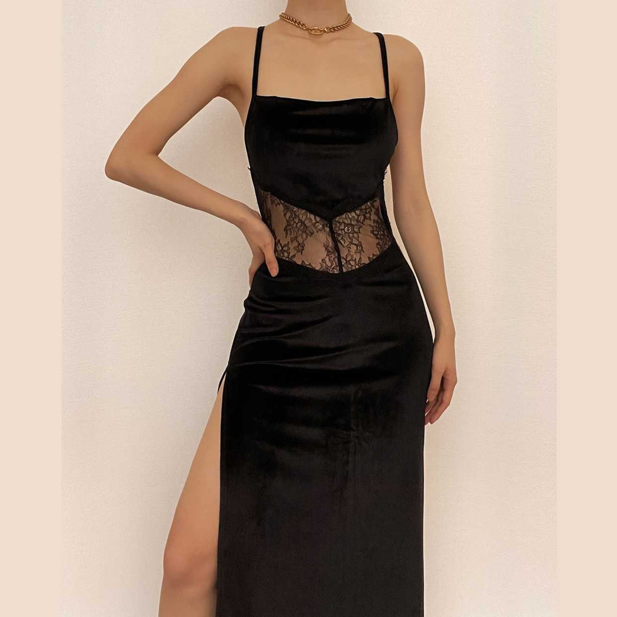 Cowl neck lace hem slit backless velvet cross back midi dress  | black rave dress  | black rave dress