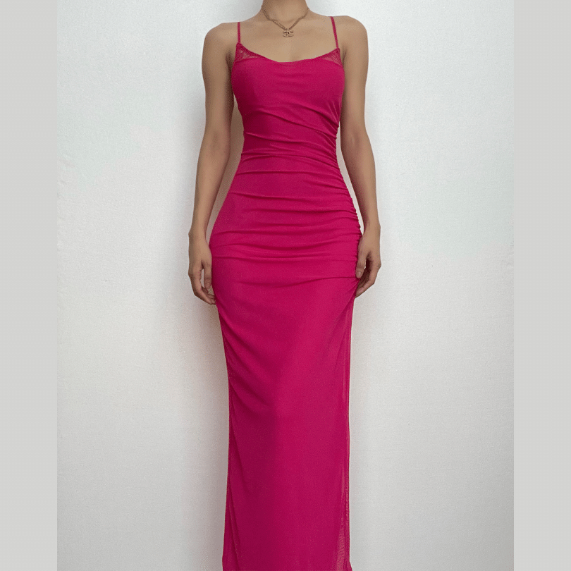 Mesh ruched slit square neck solid backless cami midi dress  | red tango dress