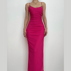 Mesh ruched slit square neck solid backless cami midi dress  | red tango dress