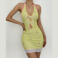 Sheer mesh plaid contrast print halter ruffle backless mini dress  | samba dress