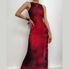 Sheer mesh see through sleeveless contrast print slit midi dress  | red tango dress  | samba dress