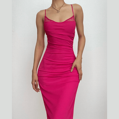 Mesh ruched slit square neck solid backless cami midi dress  | red tango dress