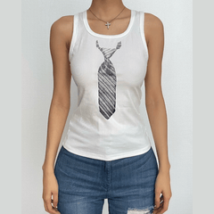 U neck necktie print ribbed contrast sleeveless top
