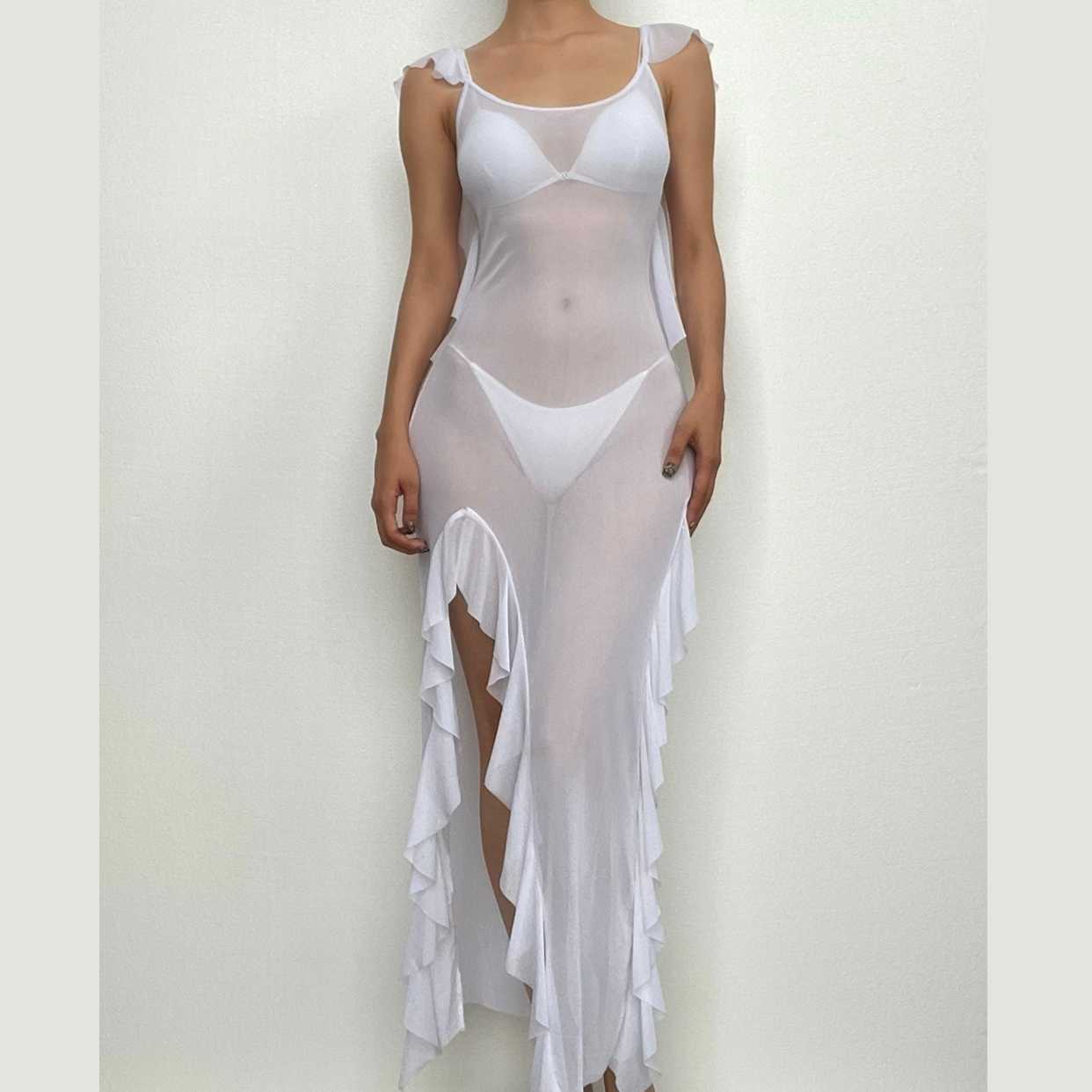Sheer mesh see through backless ruffle slit cap sleeve maxi dress  | samba dress