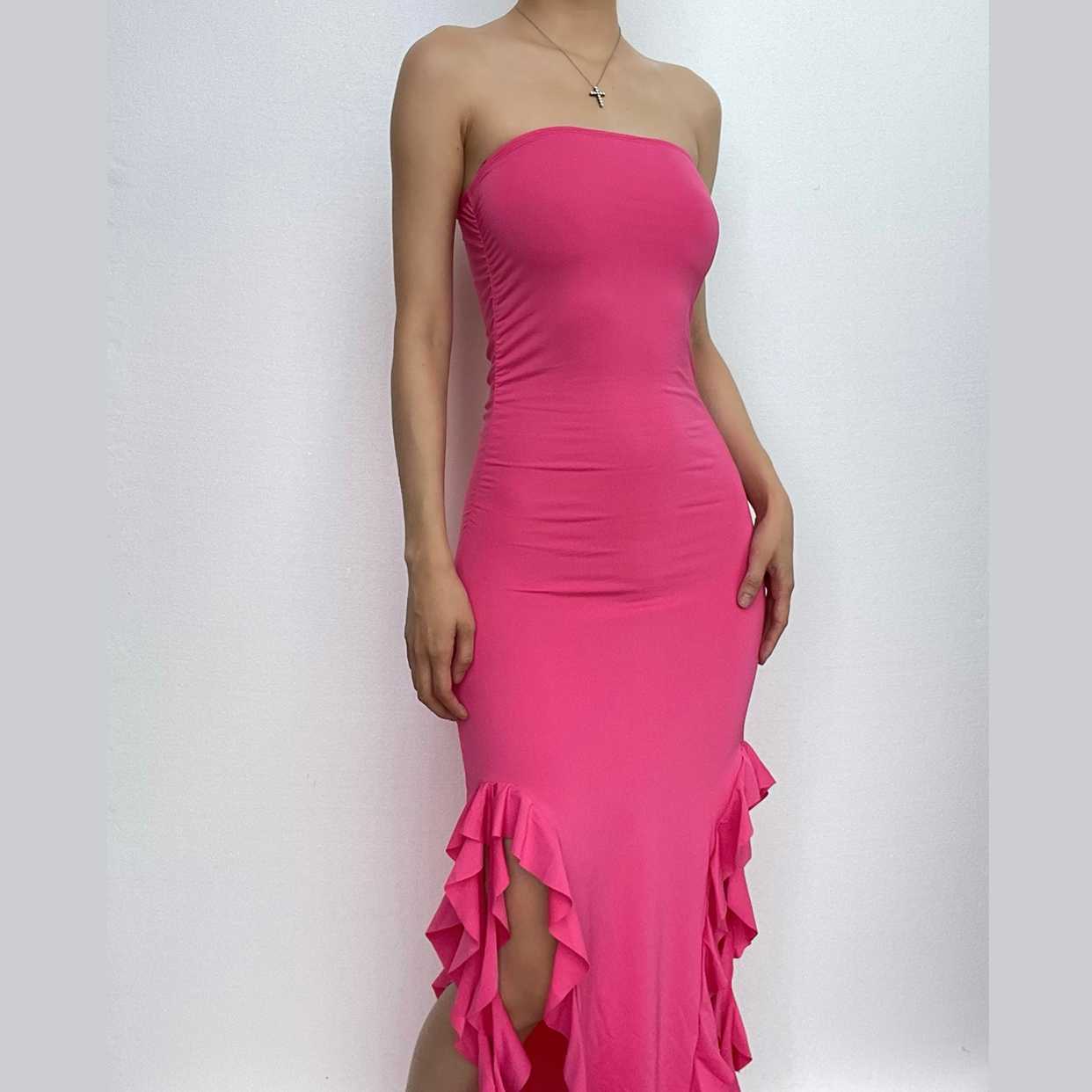 Solid slit irregular ruffle ribbon backless tube midi dress  | red tango dress