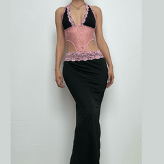 Halter patchwork lace deep v neck maxi dress