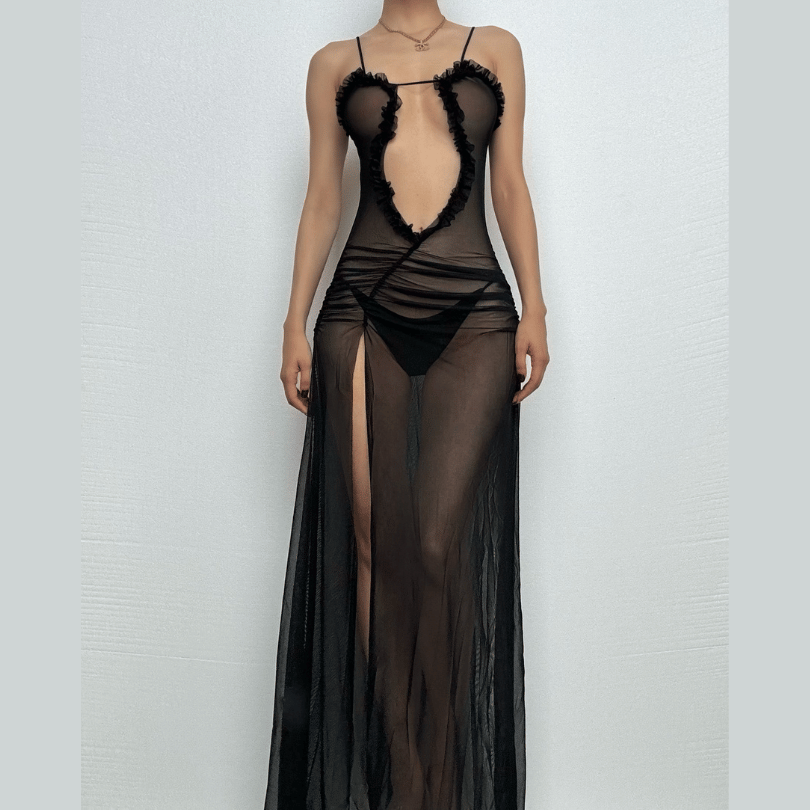 Sheer mesh hollow out ruched high slit cami cut out maxi dress  | samba dress