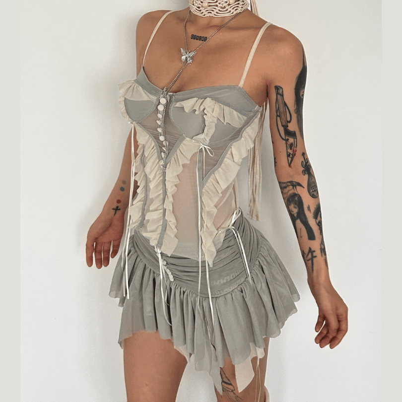 Mesh patchwork ruffle button contrast backless cami ruched skirt set