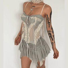 Mesh patchwork ruffle button contrast backless cami ruched skirt set