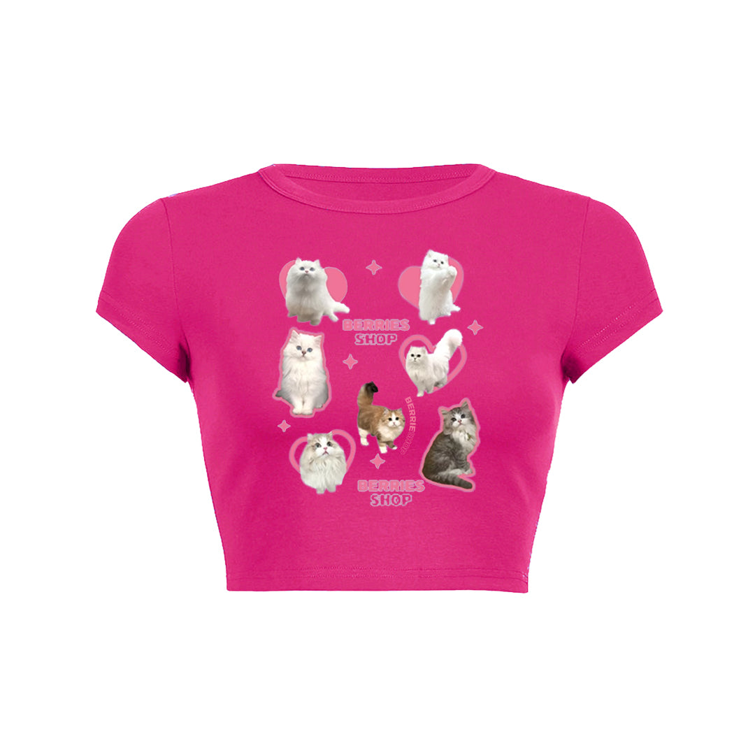 Many cat print crop top baby tee