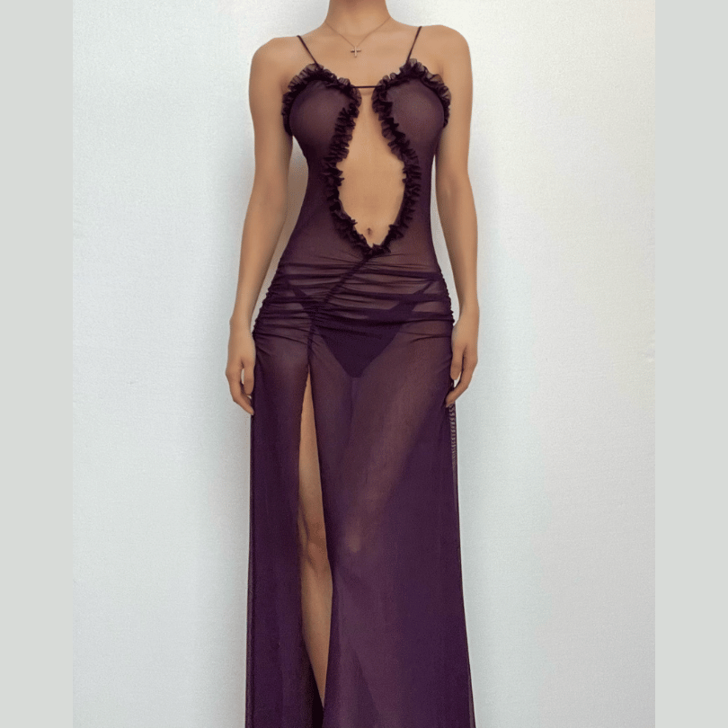 Sheer mesh hollow out ruched high slit cami cut out maxi dress  | samba dress