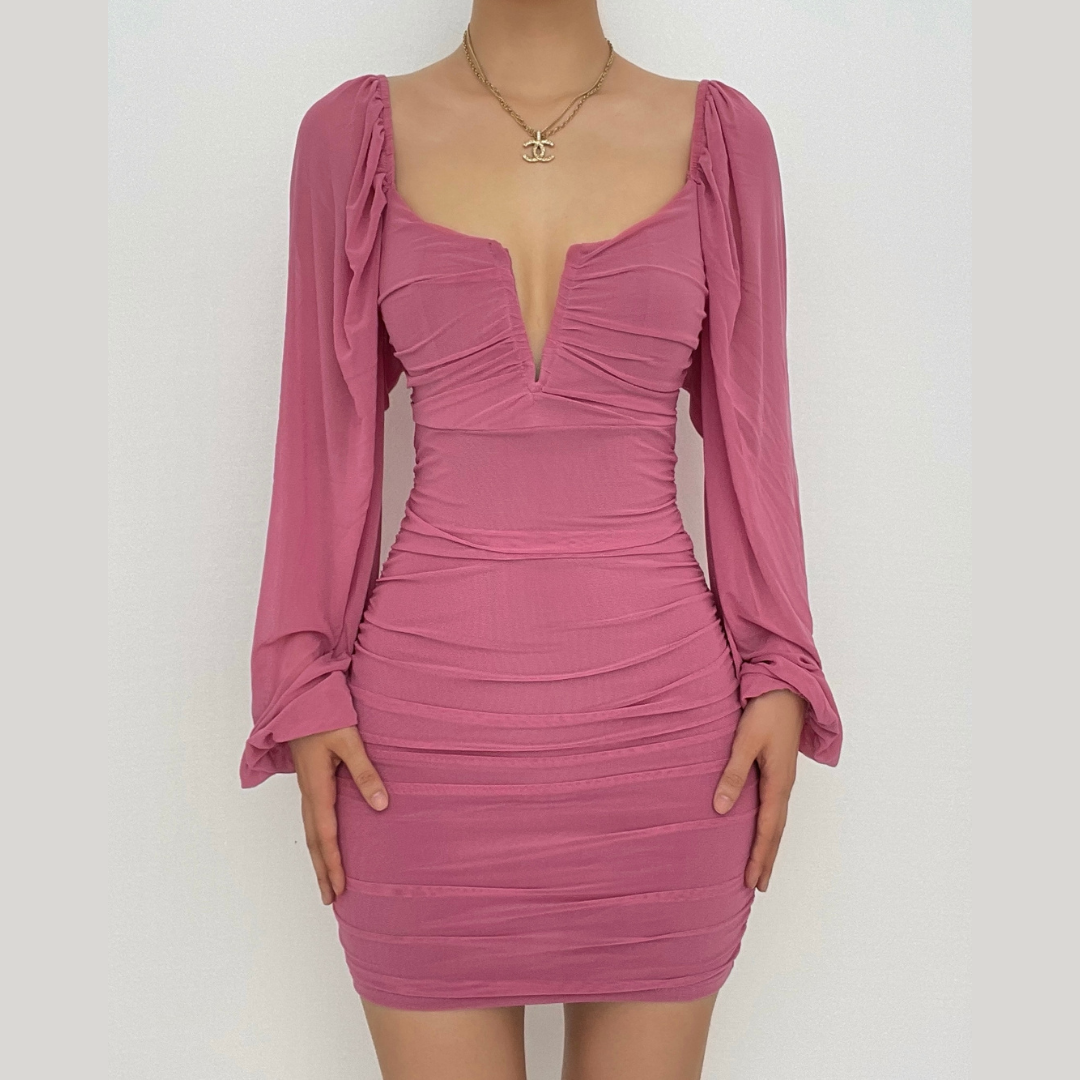 Mesh solid long sleeve ruched notch neck zip-up mini dress  | red tango dress