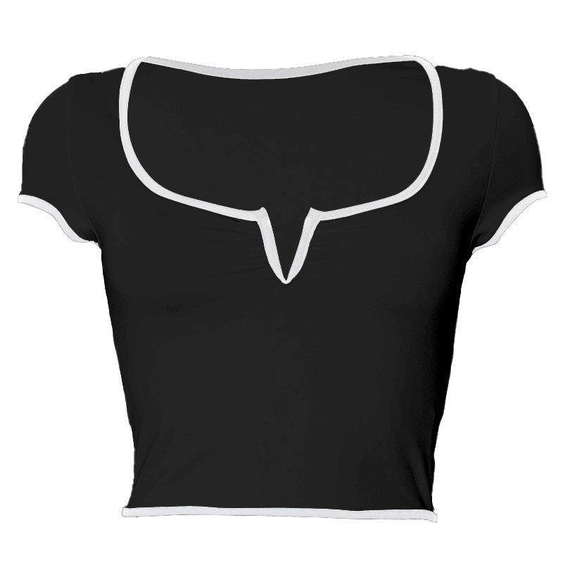 Short sleeve ruched notch neck stitch crop top