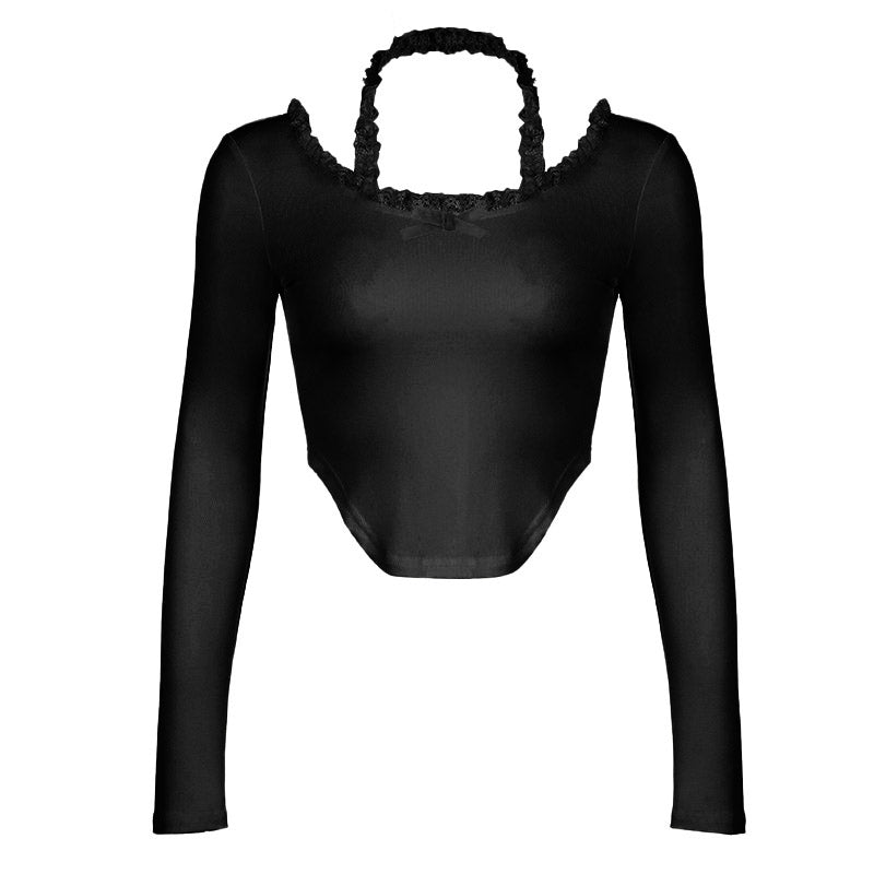 Halter long sleeve bowknot lace hem top