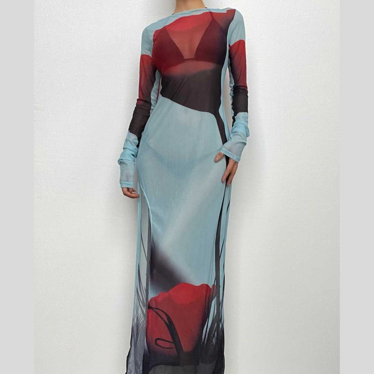 Sheer mesh see through abstract contrast long sleeve slit maxi dress  | samba dress