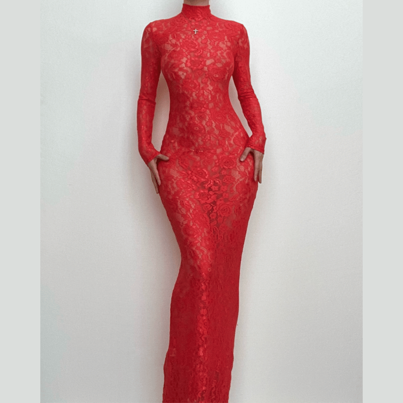 Long sleeve high neck see through lace maxi dress  | red tango dress