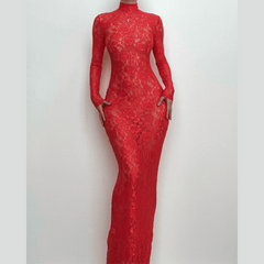 Long sleeve high neck see through lace maxi dress  | red tango dress