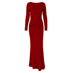 Long sleeve crewneck ruched solid maxi dress  | red tango dress