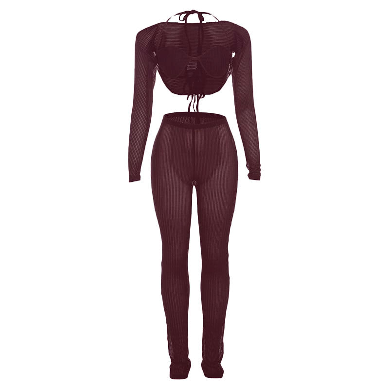 Halter shrug textured see through pant set