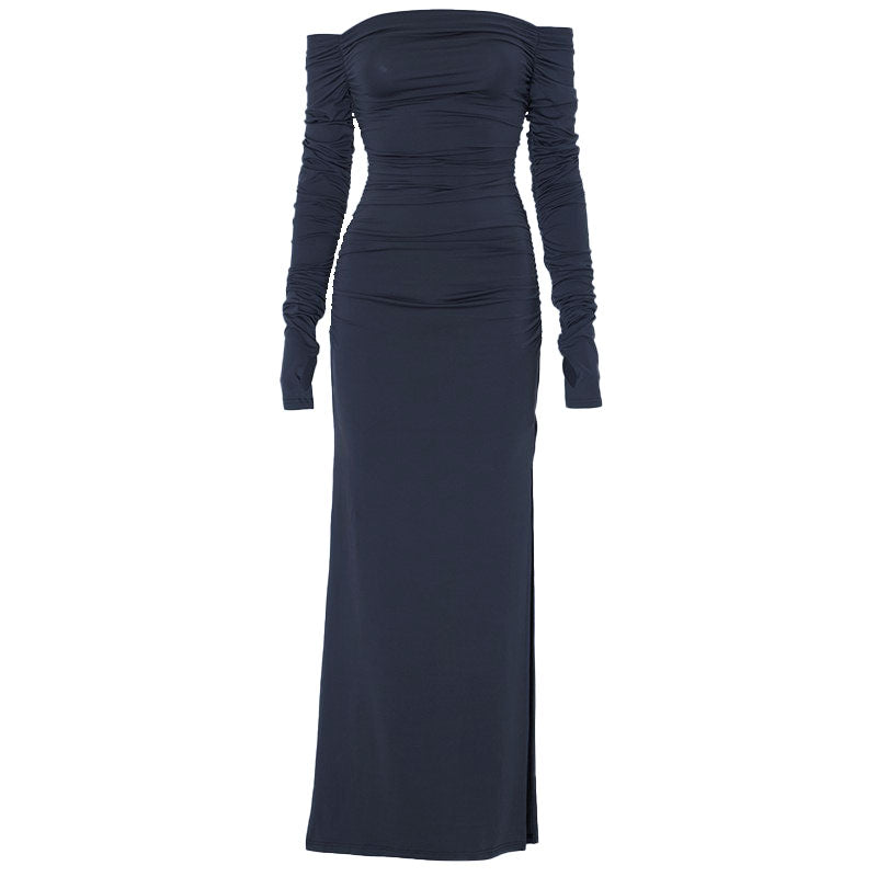Off shoulder long sleeve slit ruched maxi dress