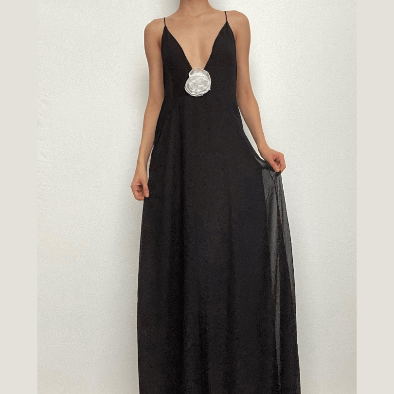 Flower applique v neck ruched zip-up cross back maxi dress  | black rave dress  | black rave dress