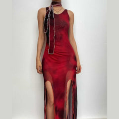Sheer mesh see through sleeveless contrast print slit midi dress  | red tango dress  | samba dress