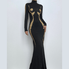High neck long sleeve body print contrast maxi dress