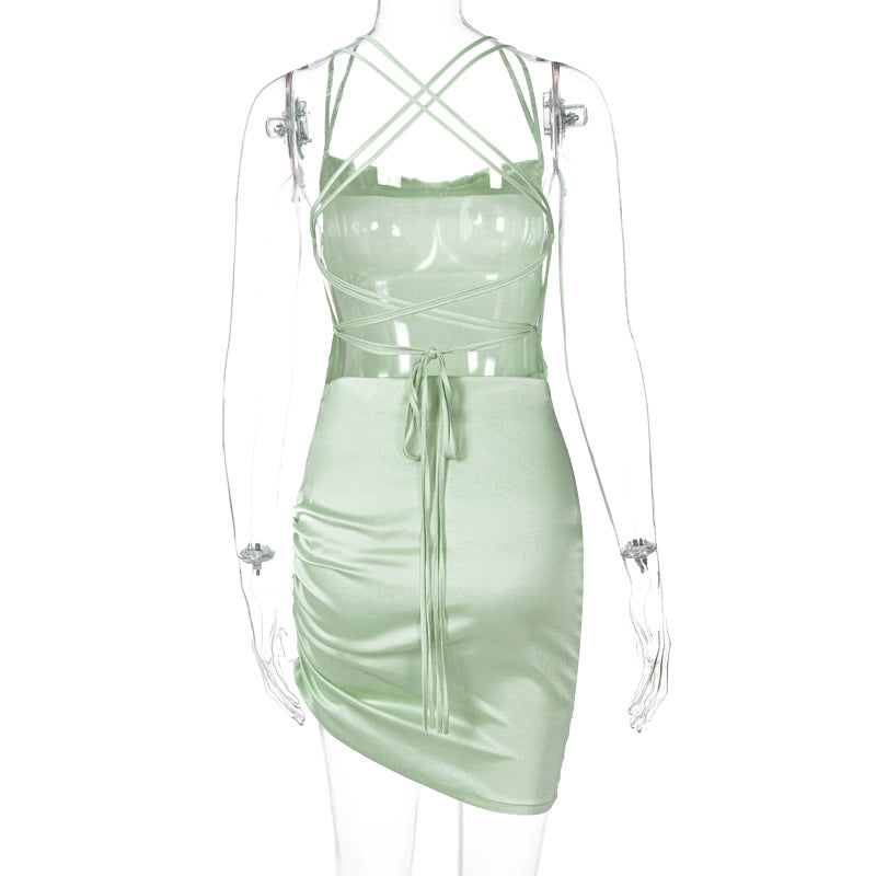 Satin cowl neck solid lace up backless ruched mini dress