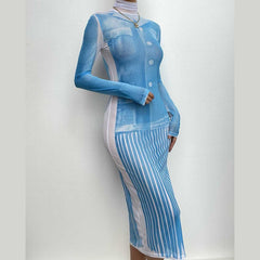 Sheer mesh see through turtle neck long sleeve contrast print midi dress  | samba dress