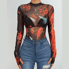 Sheer mesh long sleeve tie dye contrast gloves see through bodysuit
