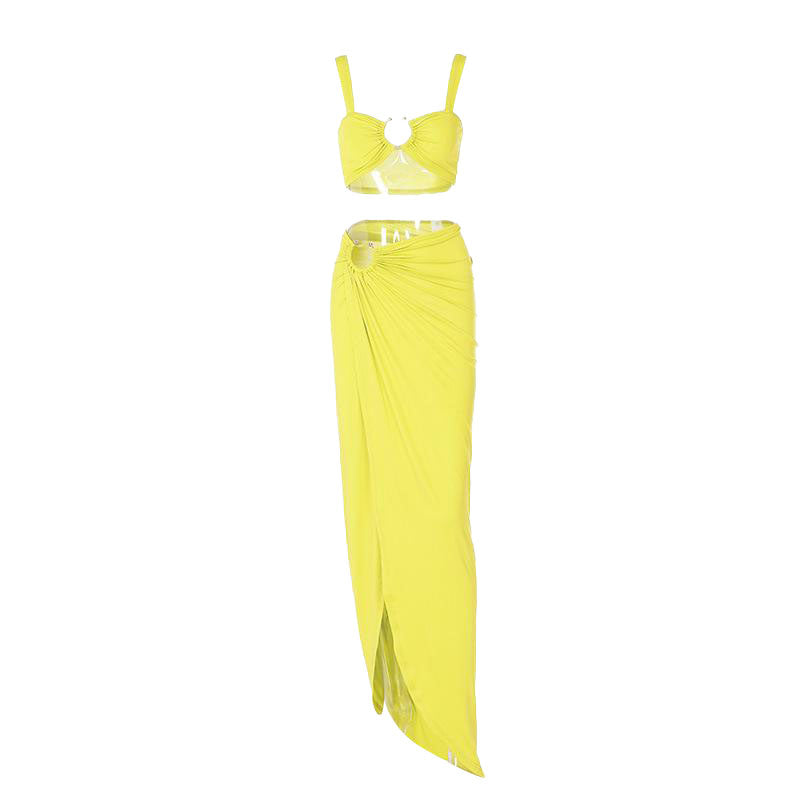 O ring ruched crop high slit cami maxi skirt set