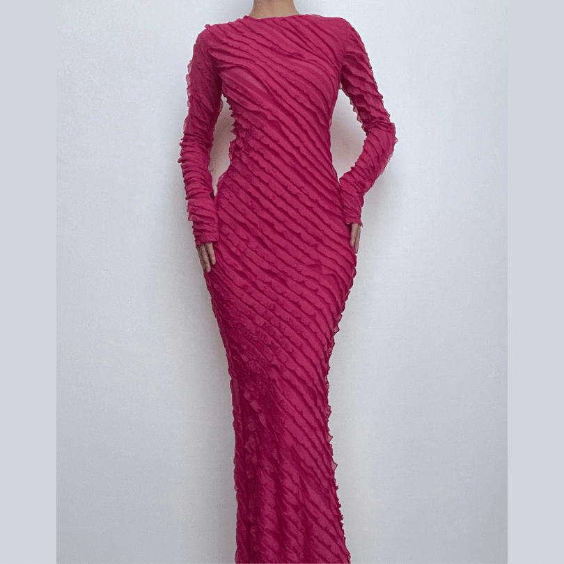 Textured long sleeve crewneck ruffle solid maxi dress  | red tango dress