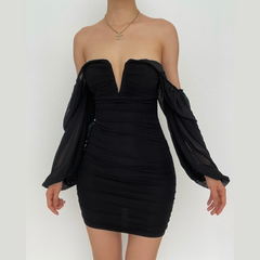 Mesh solid long sleeve ruched notch neck zip-up mini dress  | red tango dress