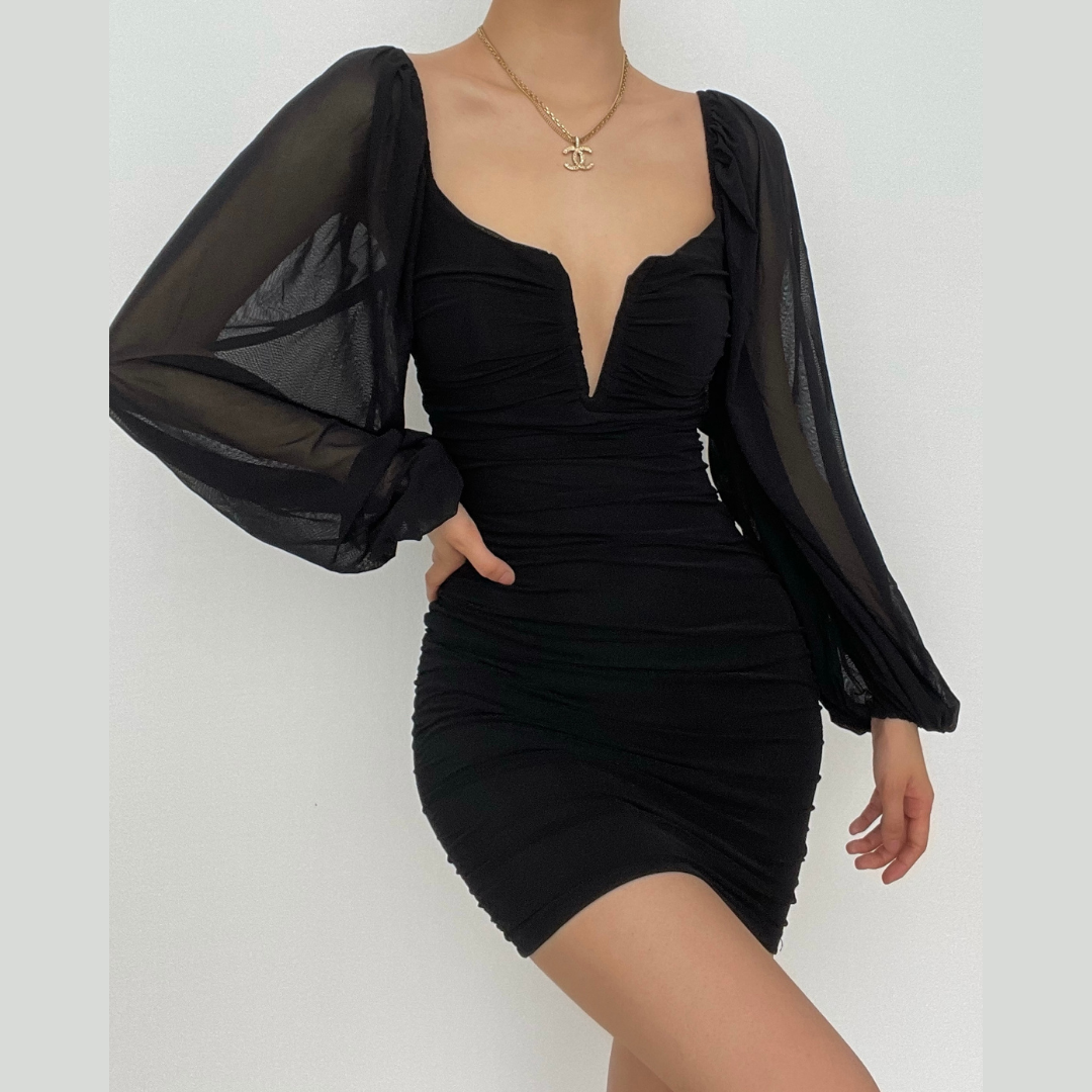Mesh solid long sleeve ruched notch neck zip-up mini dress  | red tango dress