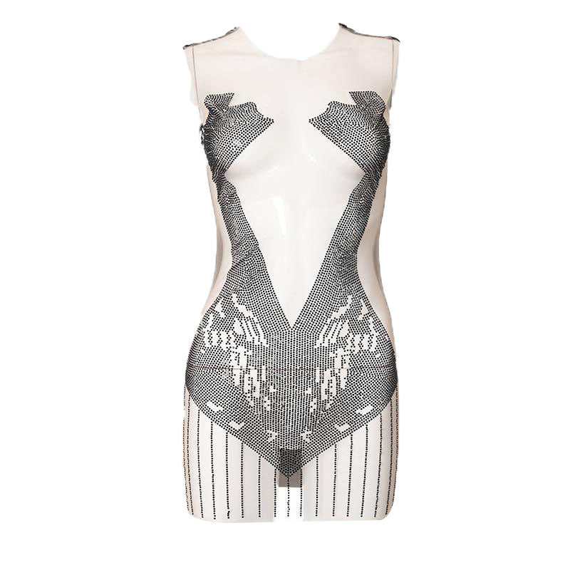 Sleeveless crewneck beaded mesh patchwork see through mini dress