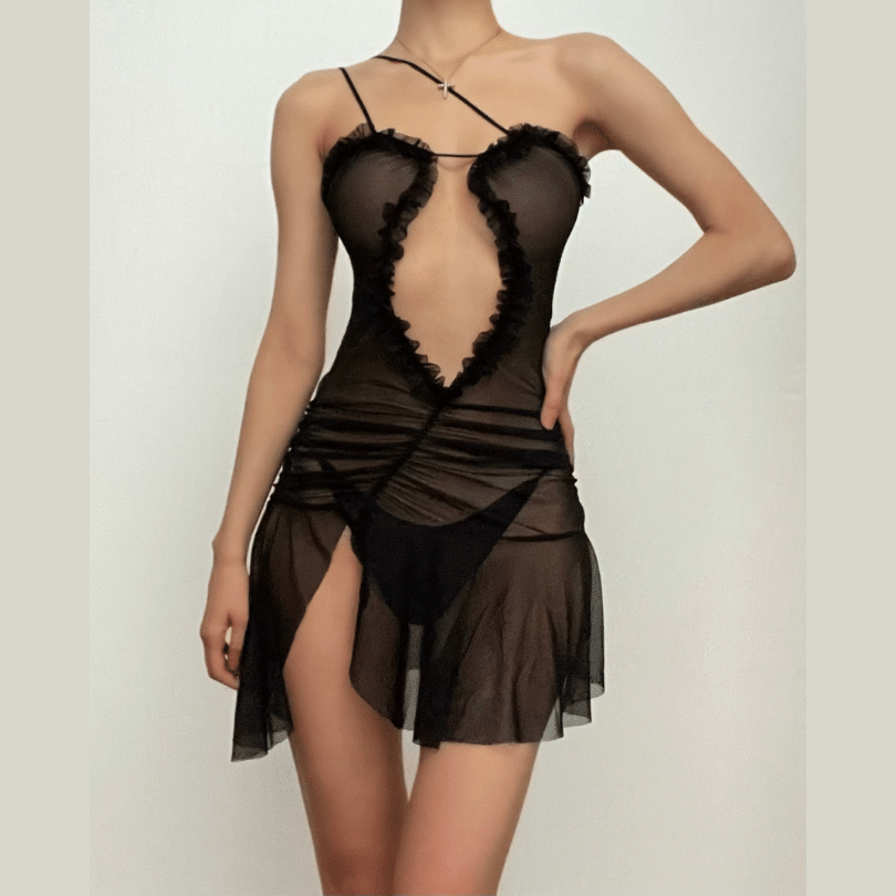 Ruched ruffle slit sheer mesh hollow out cami mini dress  | red tango dress  | samba dress