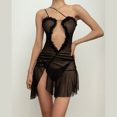 Ruched ruffle slit sheer mesh hollow out cami mini dress  | red tango dress  | samba dress