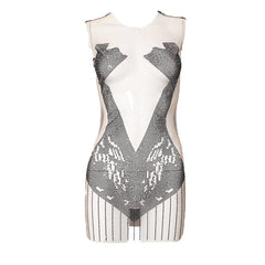 Sleeveless crewneck beaded mesh patchwork see through mini dress