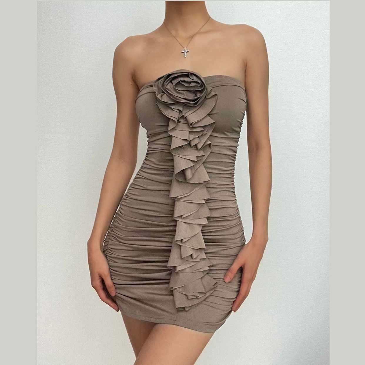Solid ruched ruffle flower applique backless tube mini dress  | red tango dress