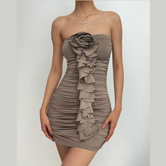 Solid ruched ruffle flower applique backless tube mini dress  | red tango dress