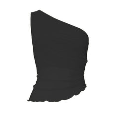 Sleeveless one shoulder ruched ruffle mesh top