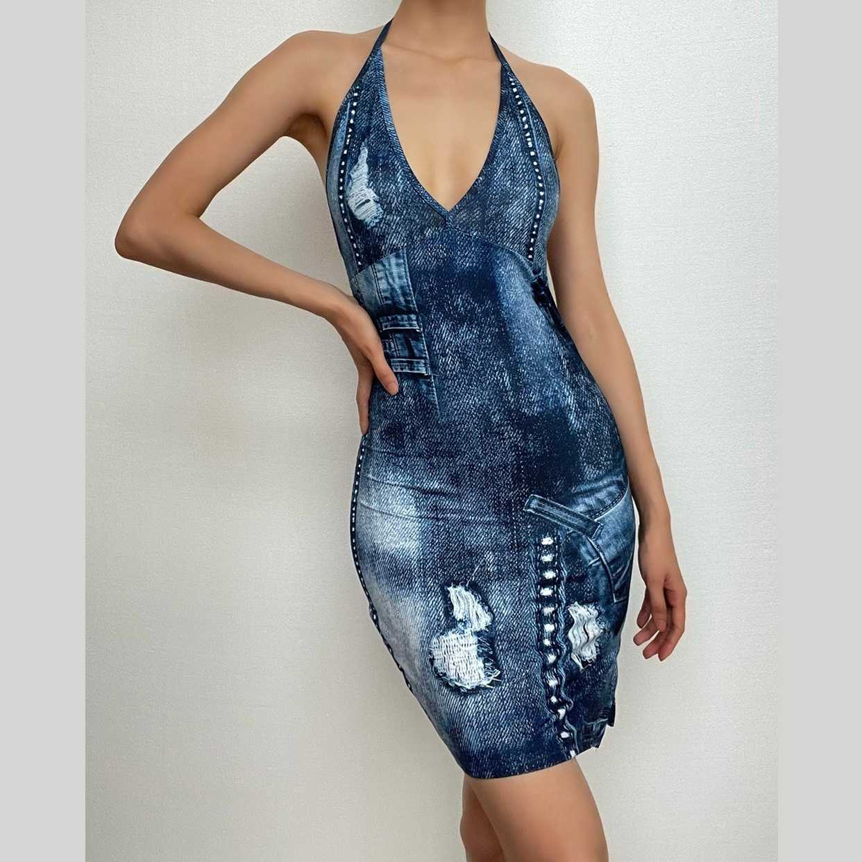 Backless halter self tie v neck contrast print mini dress  | red tango dress