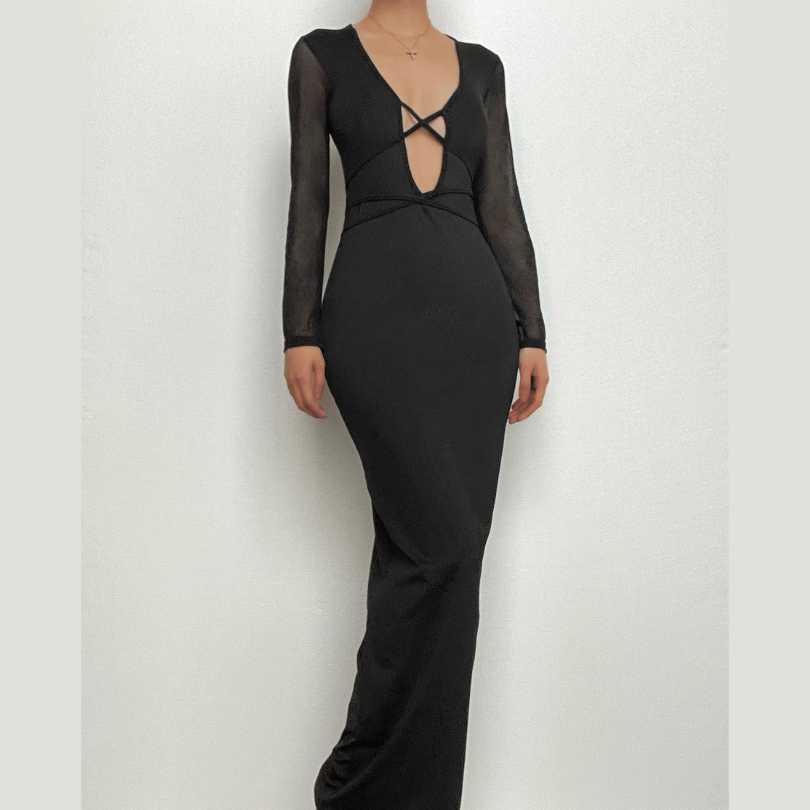 Mesh patchwork solid low cut long sleeve cross front maxi dress  | black rave dress  | black rave dress
