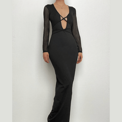 Mesh patchwork solid low cut long sleeve cross front maxi dress  | black rave dress  | black rave dress