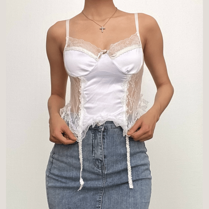 Satin patchwork lace bowknot ruffle ruched cami top