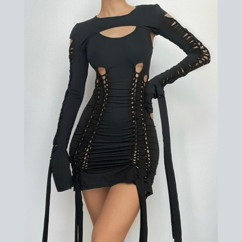 Hollow out solid long sleeve shrug ribbon u neck 2 piece dress  | red tango dress