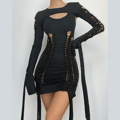Hollow out solid long sleeve shrug ribbon u neck 2 piece dress  | red tango dress