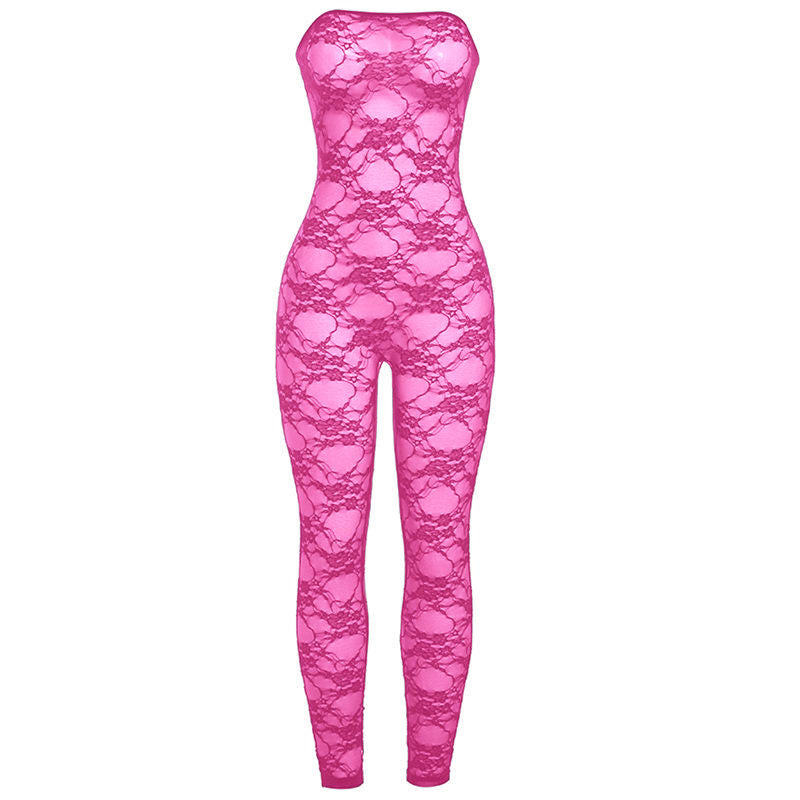Lace see through solid tube jumpsuit
